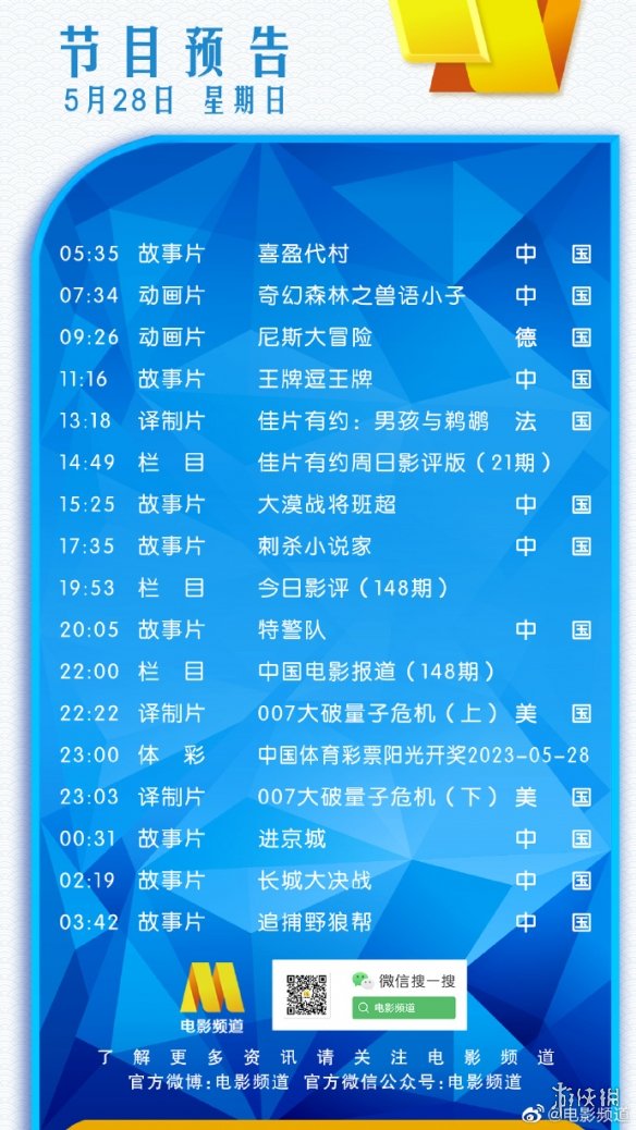 电影频道节目表5月28日 CCTV6电影频道节目单2023.5.28